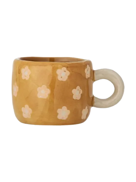 Tasse en céramique ocre à fleurs crème, faite main à Tourcoing